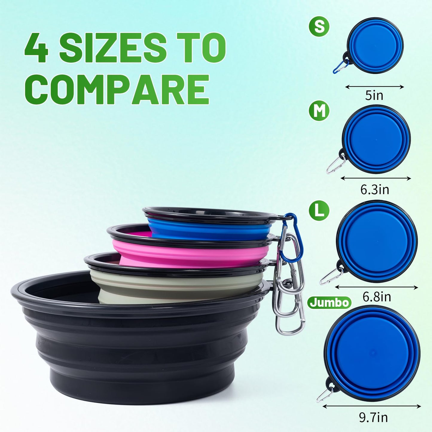 Dog Bowl Pet Collapsible Bowls, 2 Pack for Cats Dogs, Portable Pet Feeding Watering Dish for Walking Parking Traveling with 2 Carabiners (Small, Blue+Green)
