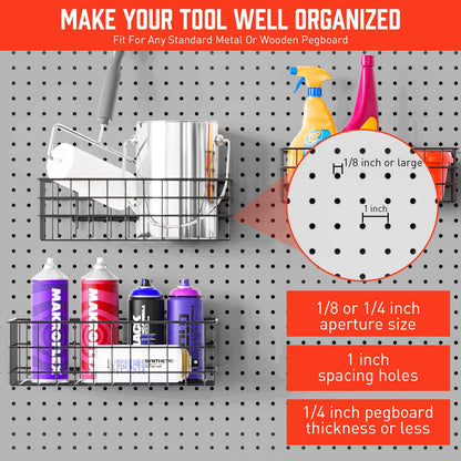 HORUSDY Peg Board Bins and Baskets | 4 Pack | Square Style 4 Size Pegboard Baskets and Pegboard Bins for Organize Workbenches, Accessories