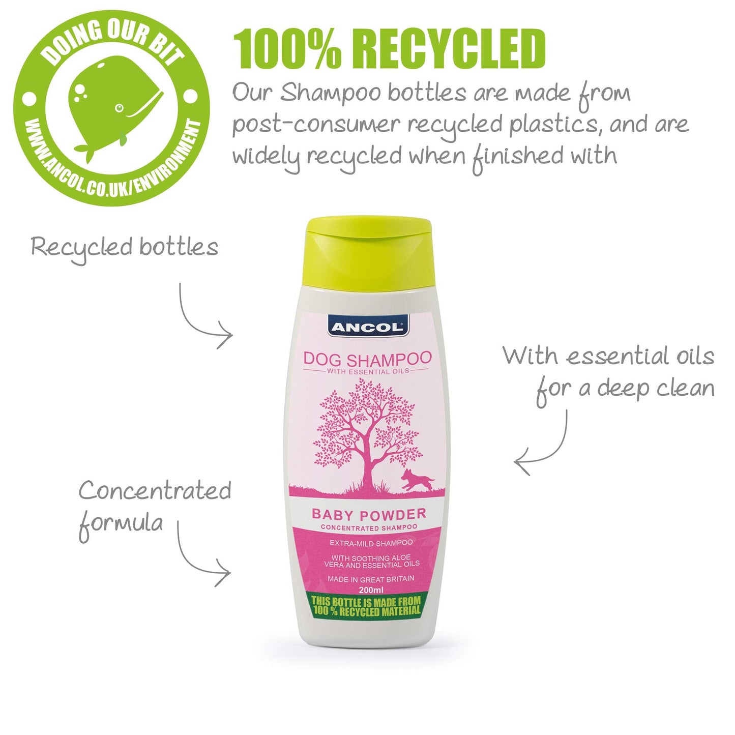 Ancol Dog Shampoo BB Baby Bath 200ml - Gentle Puppy Grooming Formula with Baby Bath Scent - Natural Essential Oils for Strong Cleansing - Pink Concentrated Pet Care Solution