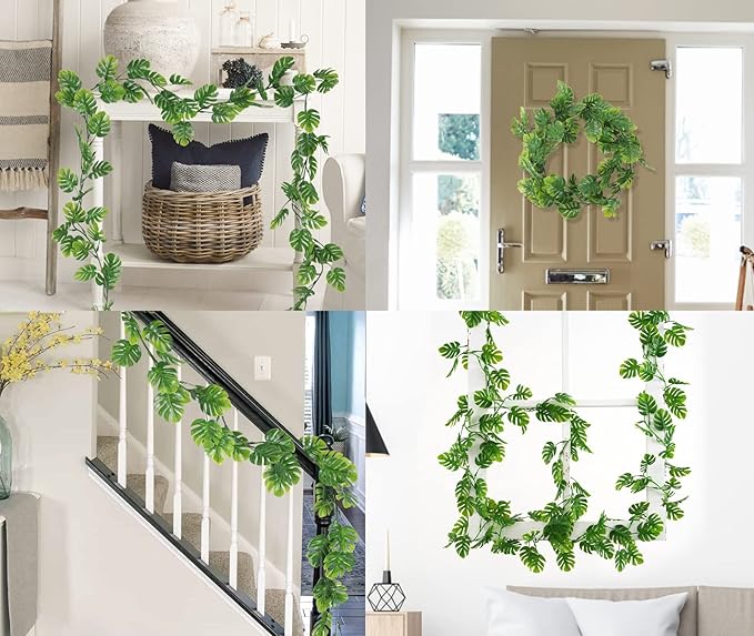 RECUTMS Artificial Palm Leaves Vines 3Pcs, 5.9FT Outdoor Fake Hanging Plant Ivy Faux Tropical Monstera Leaf Garland Greenery for Garden Porch Patio Jungle Luau Beach Birthday Party Indoor Summer Décor