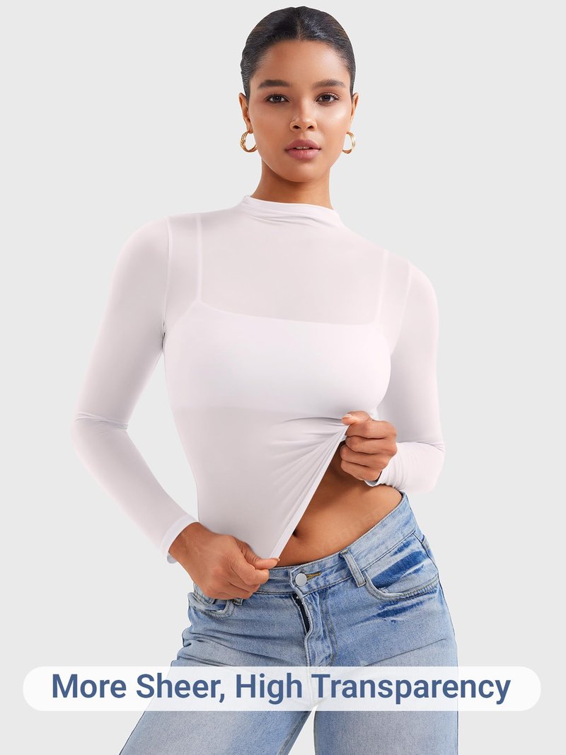YEOREO Womens Sheer Tops Long Sleeve See Through Tops Mock Neck Slim Fit Workout Shirt Jamy Going Out Sexy Shirts White M