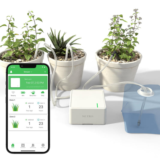 Netro Smart Indoor Drip Irrigation Watering System 2.4G WiFi APP Control Rechargeable Automatic Plant Waterer Kits with 15M Platic Pipe 2 Zones Outlet Plant Watering Device for 17 Plant Pots