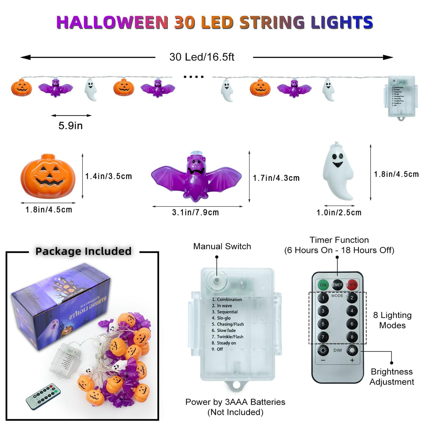 Halloween Lights, 16.4FT 30 LED Pumpkin Bat Ghost Battery Operated Orange and Purple String Lights Strobe 8 Lighting Modes Timer Fairy Indoor Outdoor Window Front Porch Decor Party Decorations