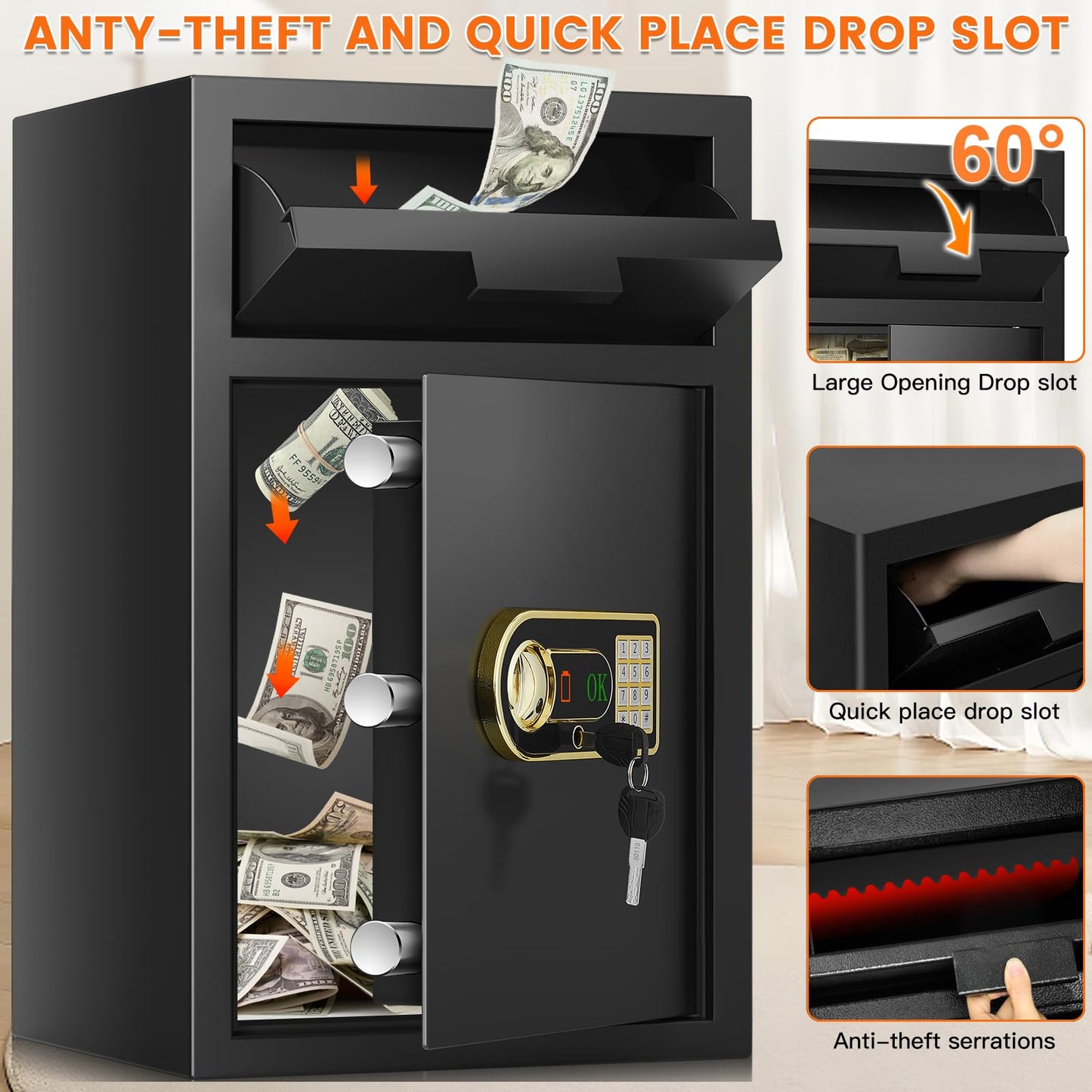 5.8 cu ft Large Fireproof Drop Safe Box for Business, Anti-Theft Money Drop Slot Safes with Digital Keypad and Spare Keys, Heavy-duty Cash Depository Lock Safe for Home Office Retail Store Business