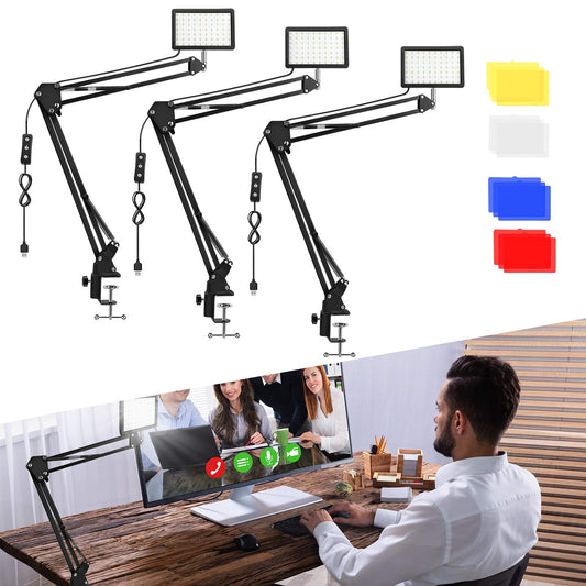 3 Packs 70 LED Video Conference Lighting with C Clamp Arm Stand/Color Filters, Obeamiu 5600K USB Studio Light Photography Lighting Kit for Live Game Streaming, YouTube, Zoom Call, Collection Portrait