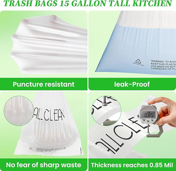 Trash Bags 15 Gallon Tall Kitchen Drawstring Garbage Bags, Fit 13-15 Gal Bins