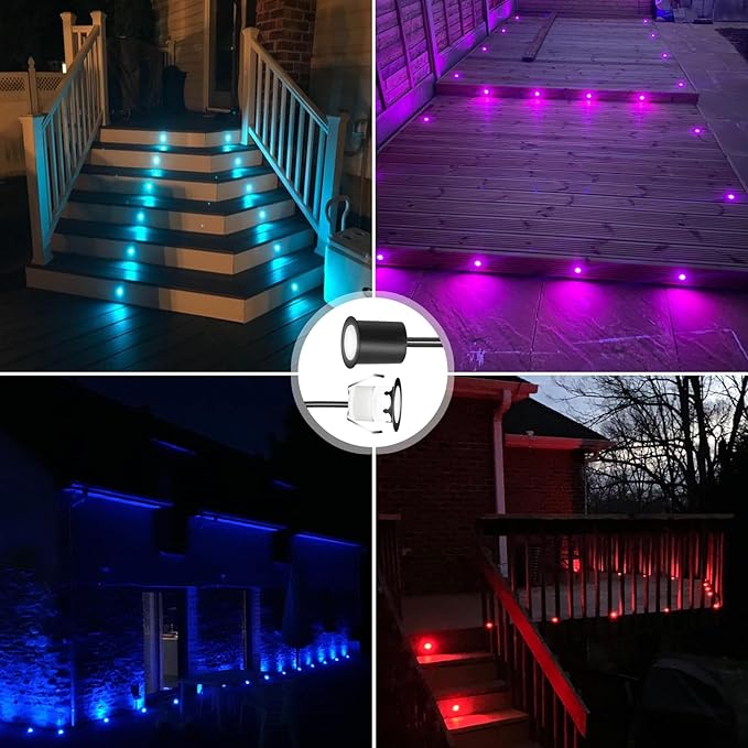 RNEHON LED Outdoor Deck Lights with Protecting Shell, Φ1.18in RGB 10 Pack, IP67 Waterproof Recessed Stair Step Landscape Lighting 12V Low Voltage for Yard Patio Floor Kitchen Decoration