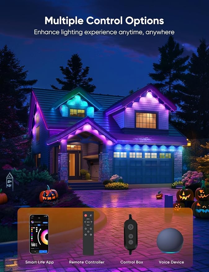 APPECK Permanent Outdoor Lights Pro 150ft, 108W RGBCW Eaves Light with 108 LED Lights, 80lm, Cuttable, 111 Scene Modes, IP67 Waterproof Lighting for Halloween Decoration, Work with Alexa, Black
