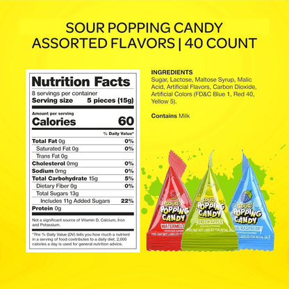 Sour Popping Rocks - 40 Count Bag - Sour Popping Halloween Candy Individually Wrapped - Assorted Fruit Flavors - Triangle Pouches - Blue Raspberry, Watermelon, Green Apple