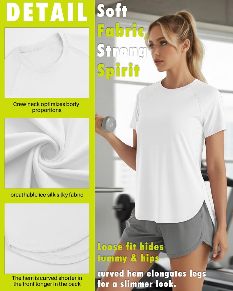 JoyMotion 4 Pack Women's Workout Shirts Quick Dry Athletic Tops Short Sleeve Loose Gym Yoga Running Tee Curved Hem Side Split(X-Large,Black, Sky Blue, Light Pink, White)
