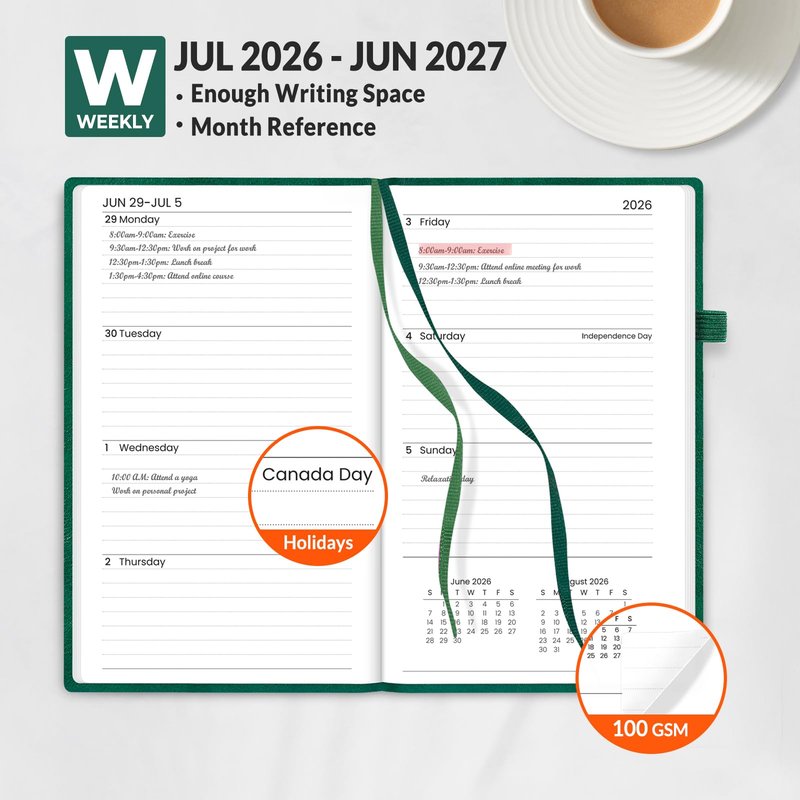 SUNEE 2026 Weekly & Monthly Hardcover Planner 5.5" x 8.3" - 12 Month (January 2026 - December 2026), Small Hardcover Planner, Pocket, Notes, 100 GSM Paper, Deep Green