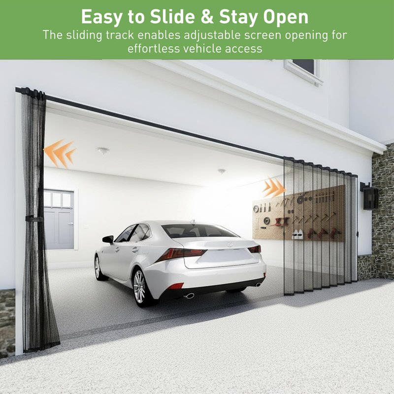 Sliding Garage Door Screen with Track, Garage Screen Doors for 1 Car Garage, 8x7 Ft Retractable Garage Net Screen, Smooth-Gliding, Magnetic Closure, Easy to Install, Black