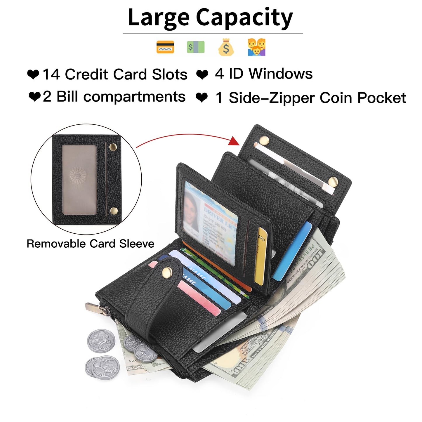 GOIACII Small Women's Wallet Ladies Credit Card Holder with 4 ID Windows & Zip Coin Pocket RFID Blocking Leather