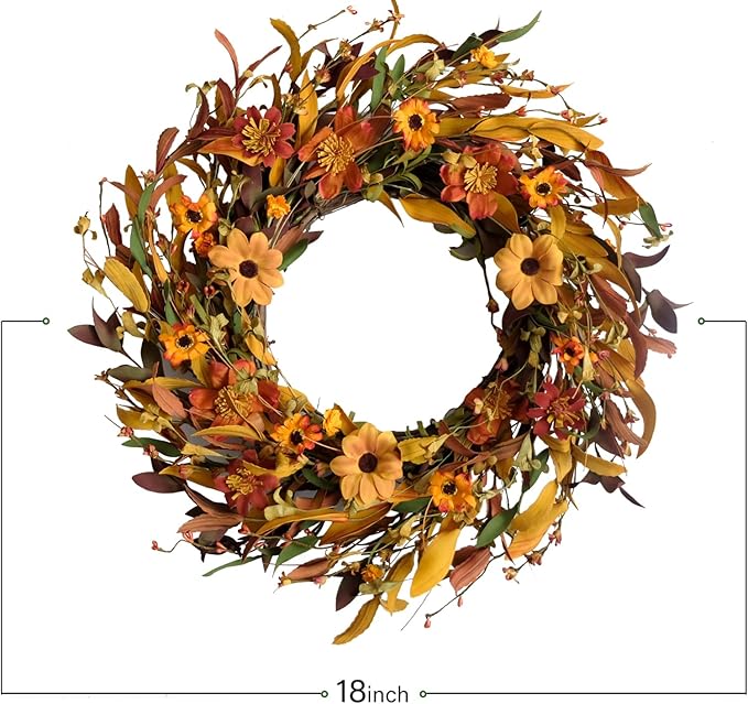 Fall Front Door Wreath,18” Artificial Floral Wreaths with Colorful Daisies and Fall Orange Wreath for Front Door Wall Window and Thanksgiving Decor