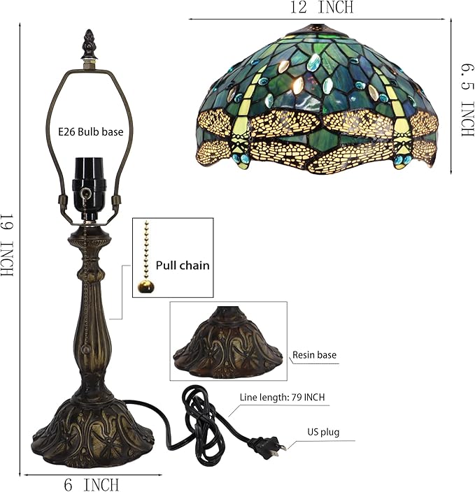 Tiffany Lamp Stained Glass Table Lamp Bedside Reading Light W12H19 Inches (Sea Blue Dragonfly Style)