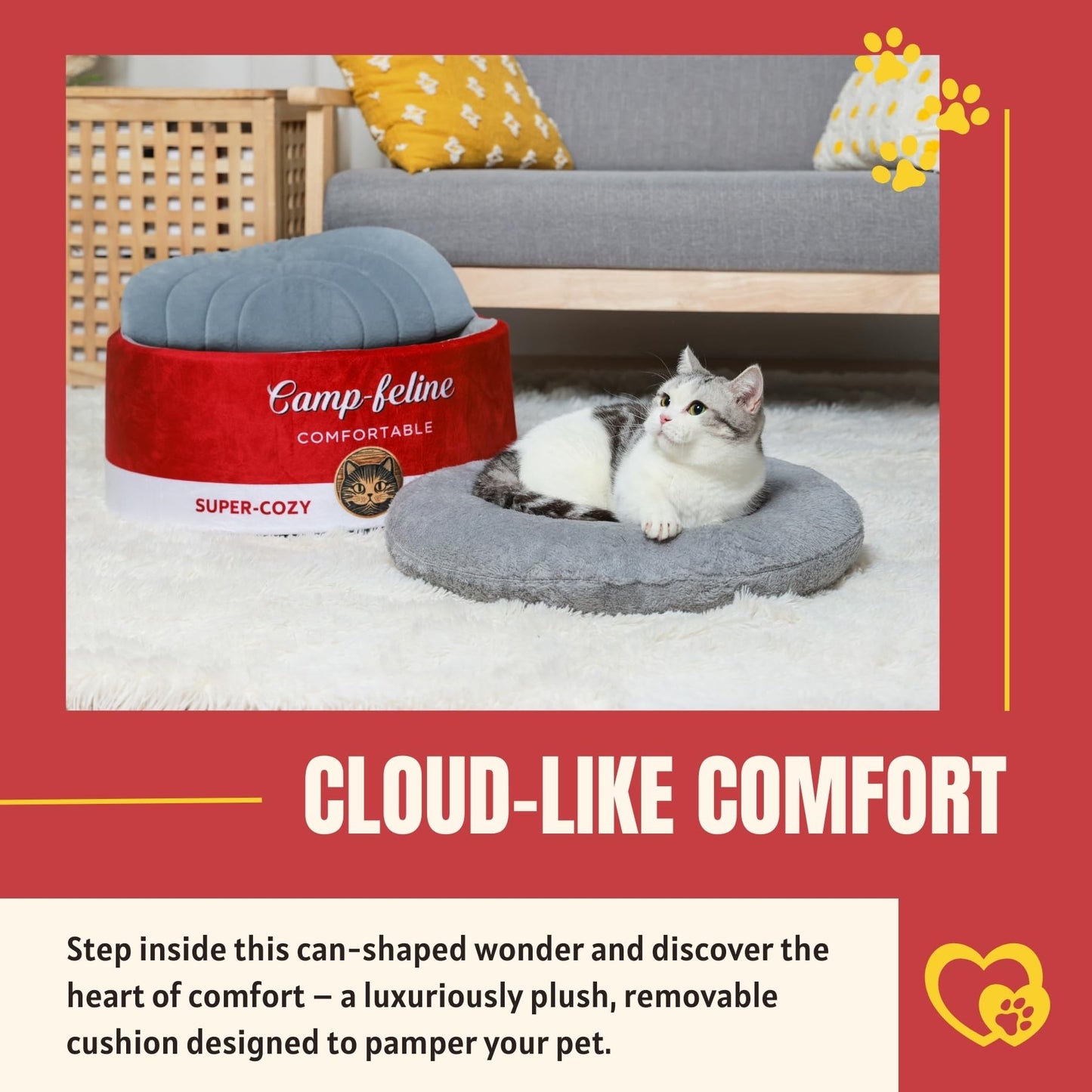 PECHVINO Can-Shaped Cat Bed with Privacy Cover - Comfortable Cushion for Cats & Small Dogs