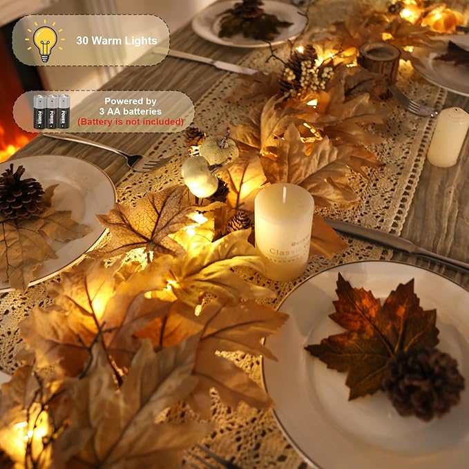 9 FT Fall Garland with Lights Timer Function Autumn Fall Leaves Garland with Berries Pine Cones Pumpkins Realistic Automatic ON/Off Timer Fall Decorations for Home Mantle Fireplace Porch Table