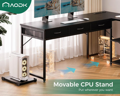 AODK 53 Inch L Shaped Computer Desk with Drawers, Corner Desk with Power Outlets & Reversible Storage Shelves, Movable CPU Stand for Home Office Gaming, Black