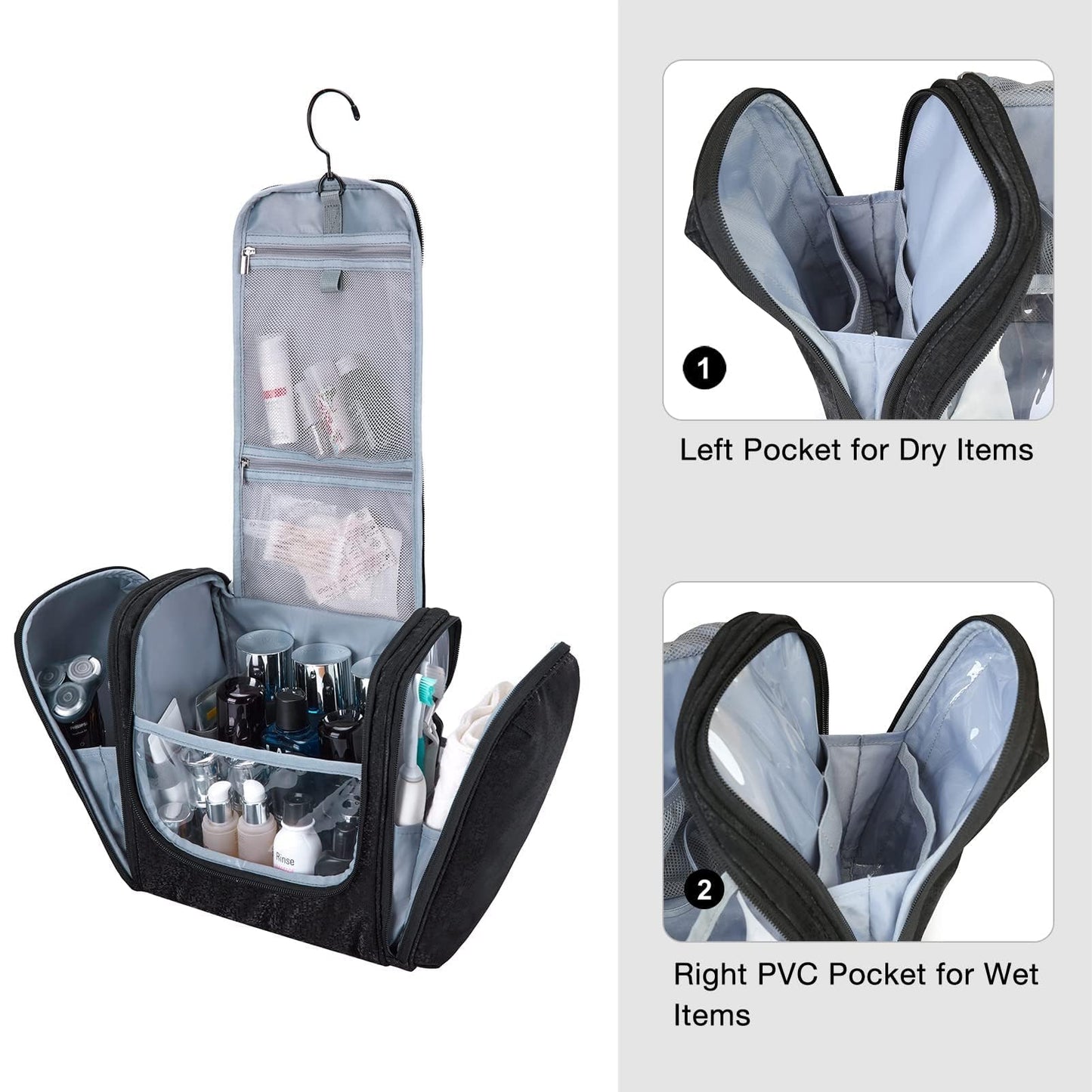 BAGSMART Extra Large Toiletry Bag Hanging Toiletry Bag for Travel, Water-resistant Cosmetic Makeup Travel Bag, Capacity Travel Bag Organizer for Full-size Toiletries, Black-Large