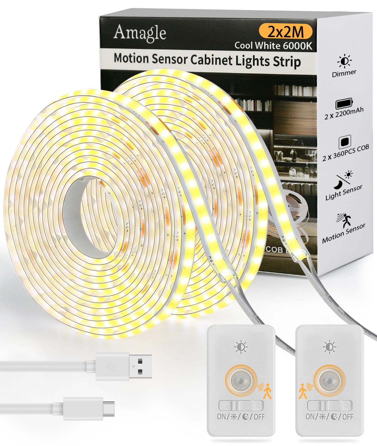 Amagle Under Cabinet Lights, 60 Leds Dimmable Motion Sensor Light Indoor, 2200mAh Rechargeable Battery Closet Lights, 6000K White COB Led Strip Lights for Bedroom, Kitchen, Stair, Shelf, 2 Pack,6.56FT