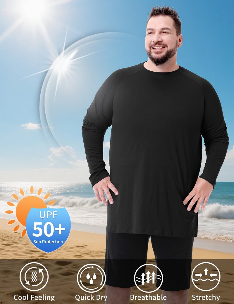 Mens Big and Tall Long Sleeve Swim Shirt Sun Protection UPF 50+ Rash Gard Quick Dry T-Shirt Black