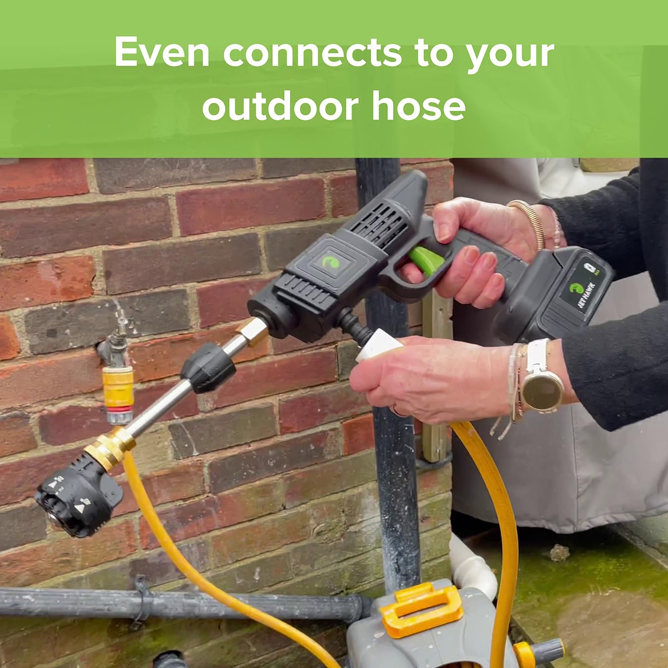 Jet Hawk – Portable Cordless High-Pressure Washer in Green Colourway - Use Any Water Source – 6 in 1 - Inc Spray Nozzles, 5m Hose, Hose Connector, Free Soap Dispenser Bottle & Hard Carry Case