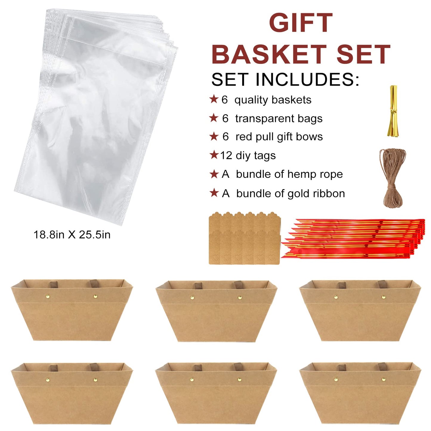 KEVTVEK Bigger Baskets for Gifts Empty, 6 Pack Sturdy Kraft Basket With Handles Gift Basket Kit, 6 Shrink Wrap Bags, 6 Bows and Hang Tag, Empty Gift Baskets to Fill for Birthday Christmas Baby Shower
