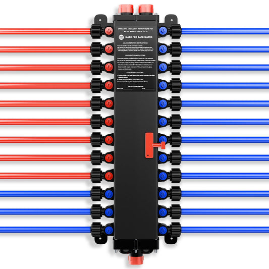 49243 24-Port PEX Manifold | Compatible with viega manabloc | 15 Cold 9 Hot Water Distribution | 3/4" Inlet 1/2" Zero Lead Poly Alloy PEX Crimp | Easy Installation & Color-Coded Ports