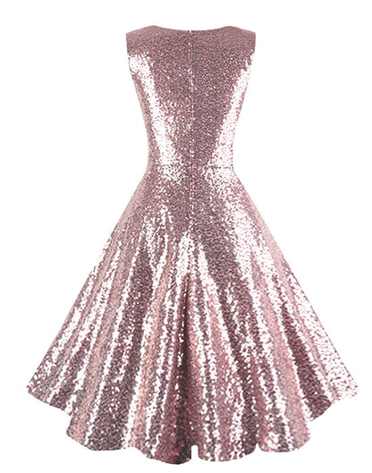 Dressever Women's 50s 60s Vintage Sleeveless Cocktail Party Dress with Pockets Sequins Rose Gold M