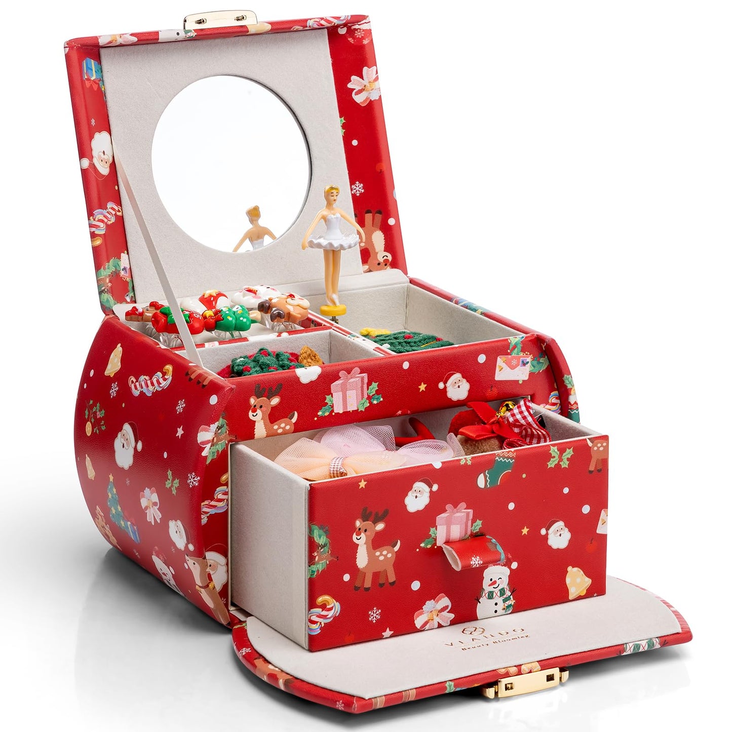 Vlando Kids Musical Jewelry Box for Girls with Drawer, Music Box with Ballerina and Stickers for Birthday Bedroom Decor, Christmas Gifts for Girls Kids - Christmas Red