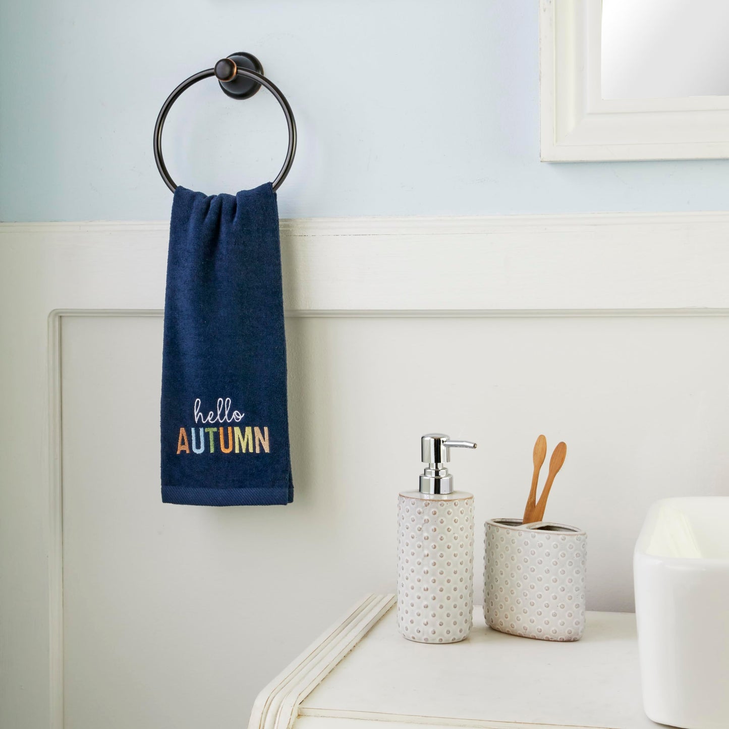 SKL Home Fall/Harvest Hello Autumn 100% Cotton Embroidered 2pc Hand Towel Set, Decorative for Bath/Kitchen/Bar & Gift, Navy