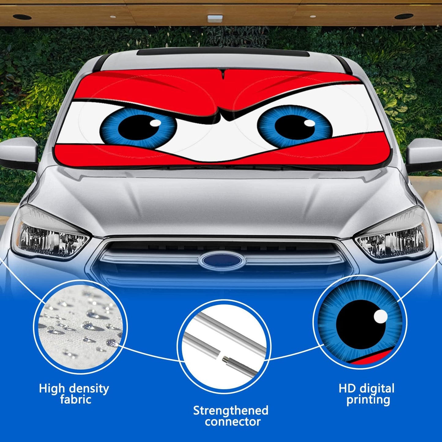 Car Windshield Sun Shade, Car Sun Shade Funny Car Eyes Sun Visor for Car Windshield, Wear-Resistant Black Tape, Foldable 63.7" L x 32" W