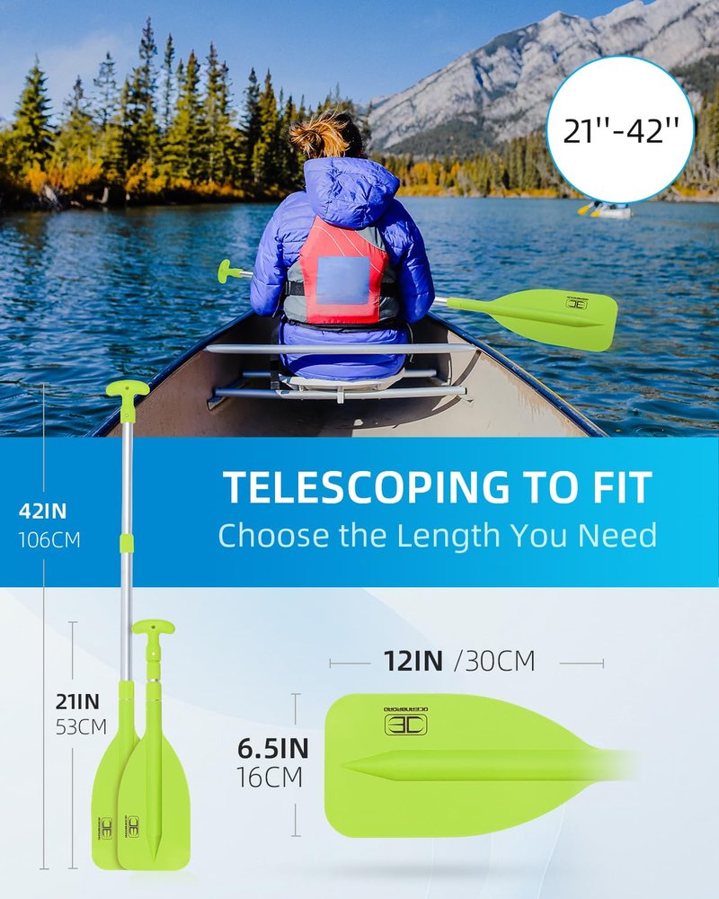 OCEANBROAD Telescoping Emergency Paddle 21''-42''（Assembling Required） Collapsible Paddles Aluminium Shaft for Kayaking Boating Canoeing River Tubing, Green, 2 Paddles