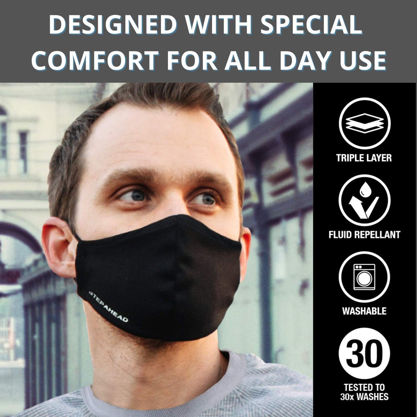 Step Ahead ® | 5 Pack Triple Layer Cotton Black Face Mask (Pack of 5) Unisex Reusable Fashion Washable | Nano Mesh Water Repellent Layer- Protects from Dust, Pollution, Droplets