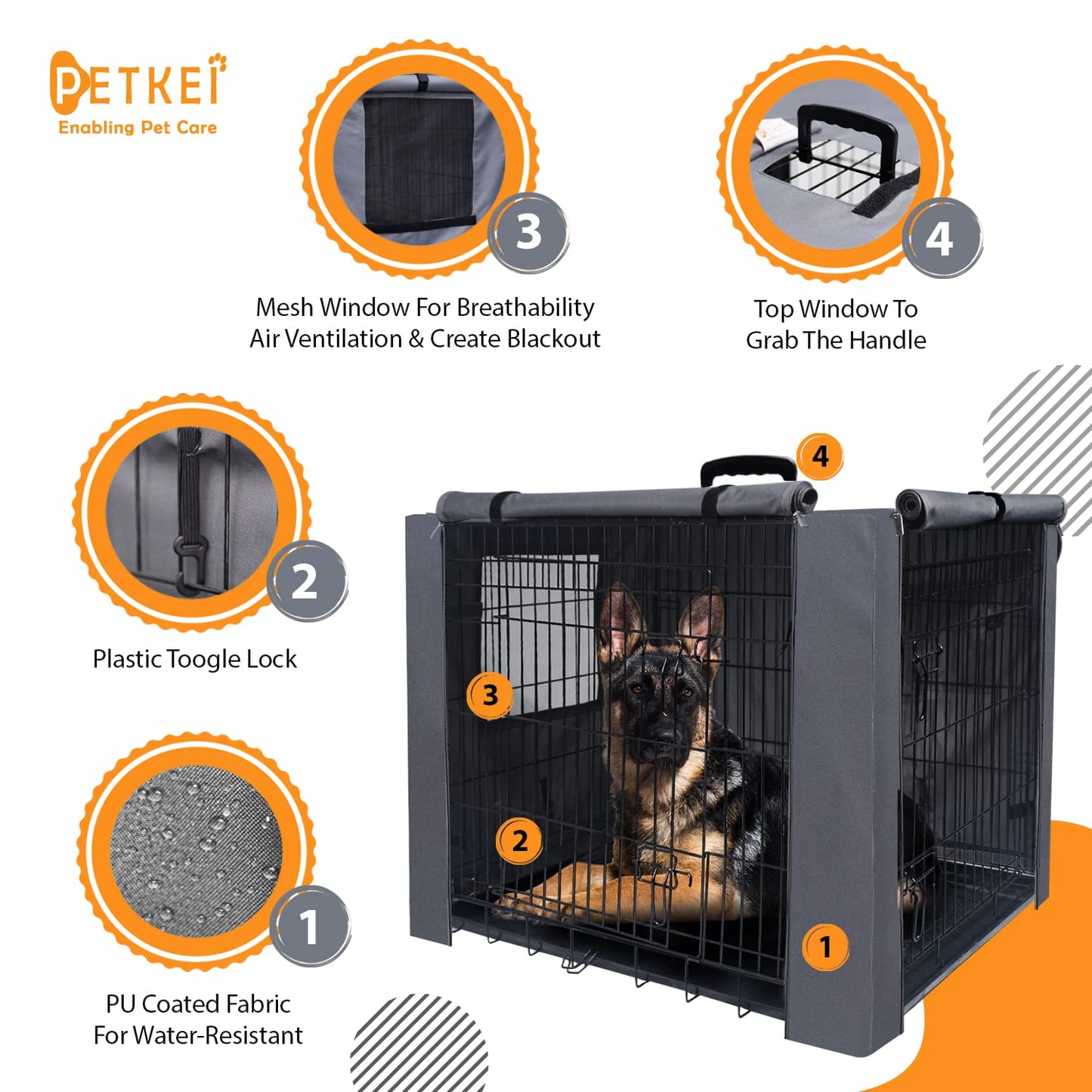 PETKEI Dog Crate Cover for Wire Dog Crate, Durable Polyester PU Coated Dog Cage Cover Designed for 1 & 2 Door Cage, Includes 1 Breathable Mesh Window & 1 Pocket (Cover Only) (Large - 36 Inches)