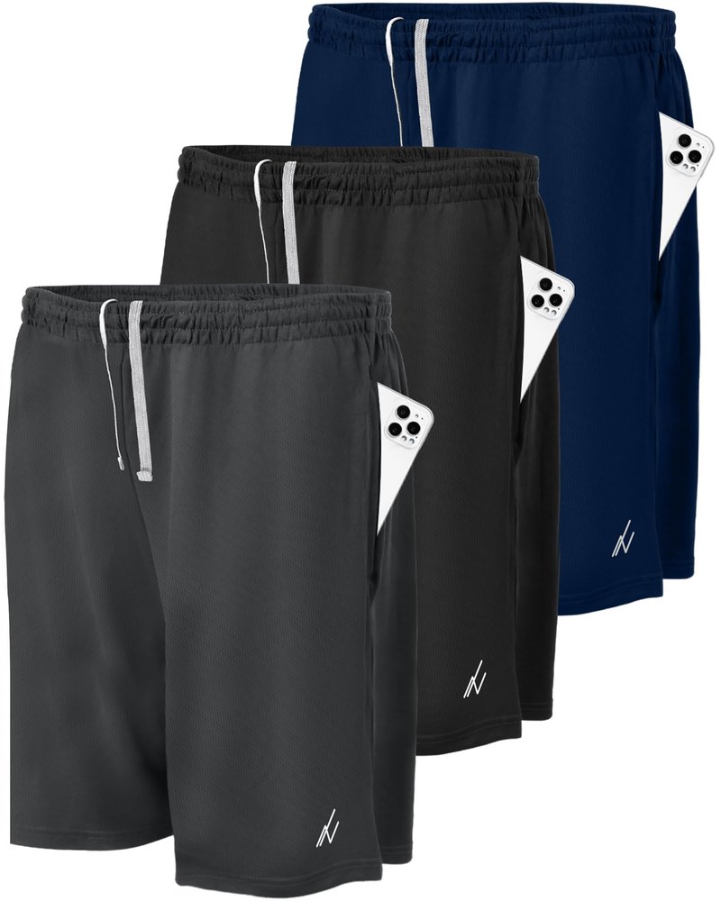 NY Threads 3 Pack Men's Athletic Shorts Quick Dry Lightweight Workout Running Gym Shorts with Pockets, Large, Black/Navy/Dark Grey