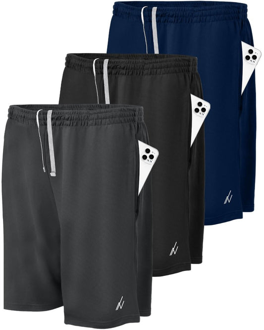 NY Threads 3 Pack Men's Athletic Shorts Quick Dry Lightweight Workout Running Gym Shorts with Pockets, Large, Black/Navy/Dark Grey