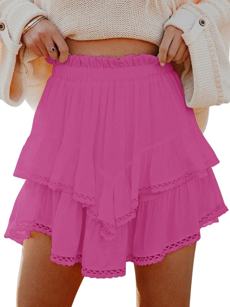 Aoudery Flowy Shorts for Women Casual Boho Ruffle Tiered Skorts High Waist Mini Skirts Golf Tennis Butterfly Crochet Shorts - All Hot Pink L