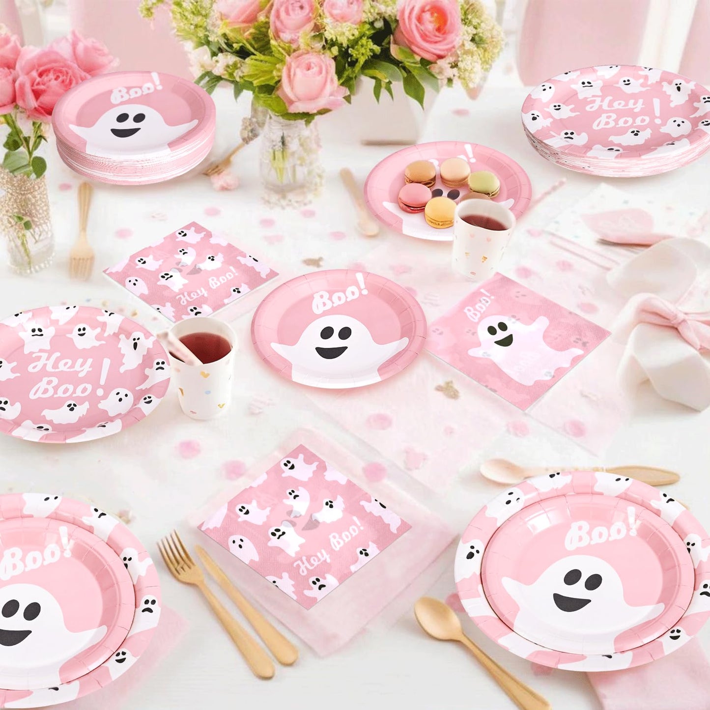 Osonm 180Pcs Halloween Party Supplies Serve 60,Pink Ghost Paper Plates and Napkins Disposable Dinnerware Kit,for Trick or Treat Birthday Party Decorative