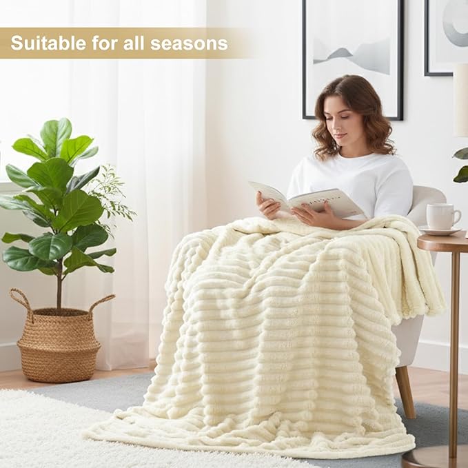 decorUhome Soft Fleece Beige Blanket King Size for Bed, Cozy Fluffy Plush Flannel Large Striped Throws for Couch Sofa, Lightweight Decorative Fuzzy Blanket for Woman, 108x90 Inches