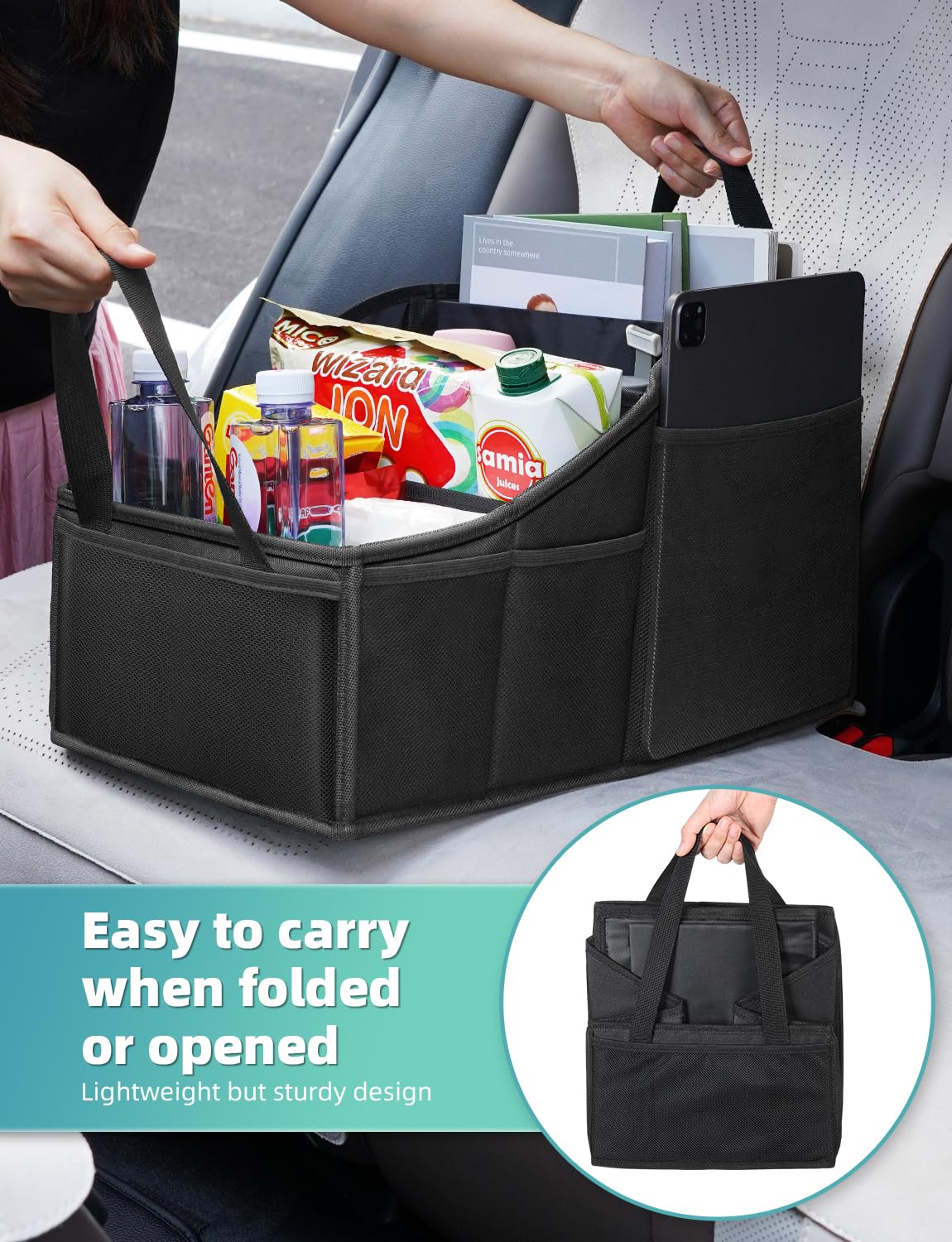 YOHOOLYO Car Seat Organiser Car Organiser Back Seat for kids with 4 Compartments, 4 Cup Holders and 7 Mash Pockets, Collapsible Car Boot Organiser Storage for Front and Back Seats