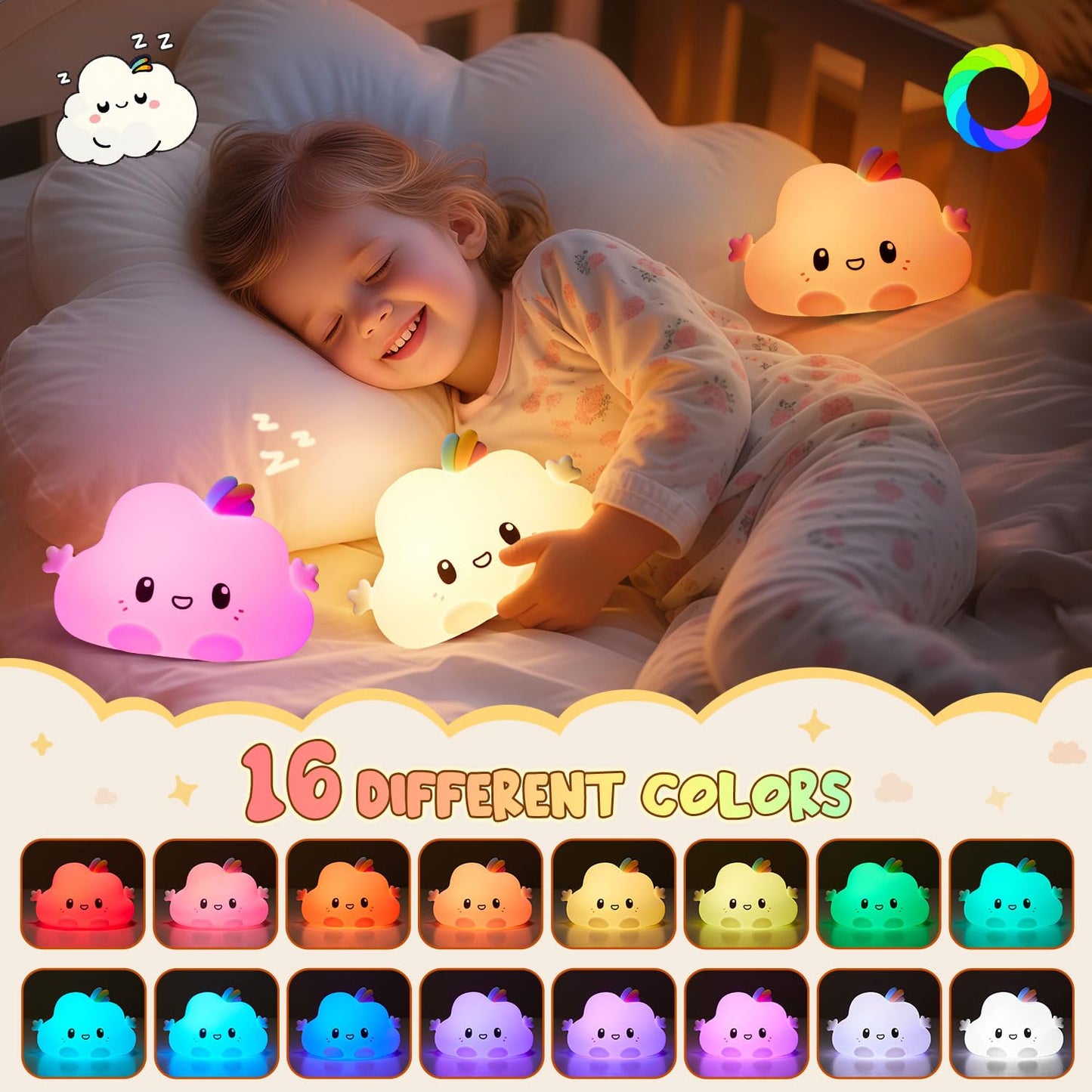 One Fire Baby Night Light Kids, 16 Colours+Remote Control+Silicone+Dimmable+12H Use Kids Night Light, Bedroom Lamp Girls Bedroom Accessories Cloud Gifts for Girls Kawaii Baby Gifts 0-6 Months
