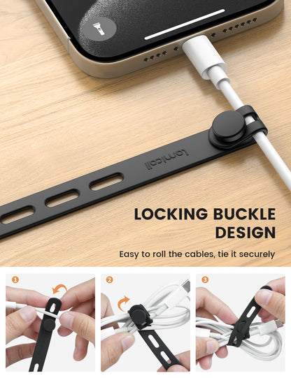 10Pack Silicone Cable Ties Cord Organizer Wrap - Lamicall Durable Reusable Wire Management with Lock Buckle, Elastic Charger Cable Strap Ties, Electrical Cord Keeper for Travel, Home Accessories