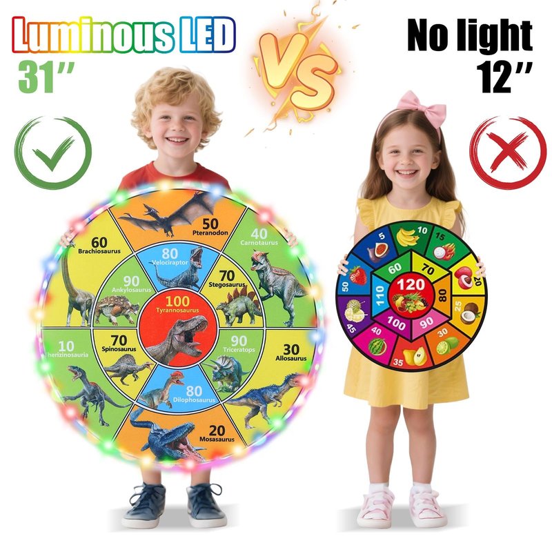 30 Inch LED Dart Board Kids Game,12PCS Sticky Balls,Indoor/Outdoor Sports Carnival Games Yard Party, Suitable for 3 4 5 6 7 8 9 10 Years Old Boys and Girls Birthday Gifts Dinosaur Toys