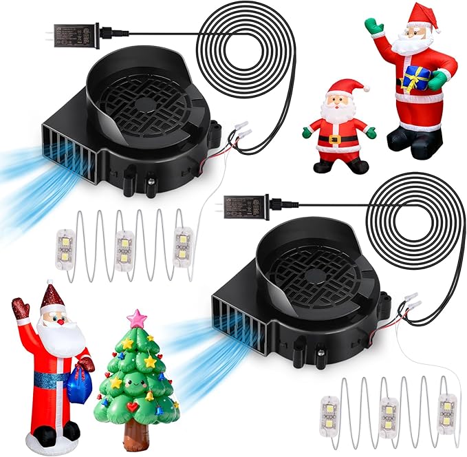 2-Pack Inflatable Fan Replacement, 1.0A Air Fan Blower with 1.25A Adapter and 3 LEDs Bulbs Light Strings for Halloween, Thanksgiving and Christmas Inflatables (IP68 Waterproof, 5.0 * 5.0'')