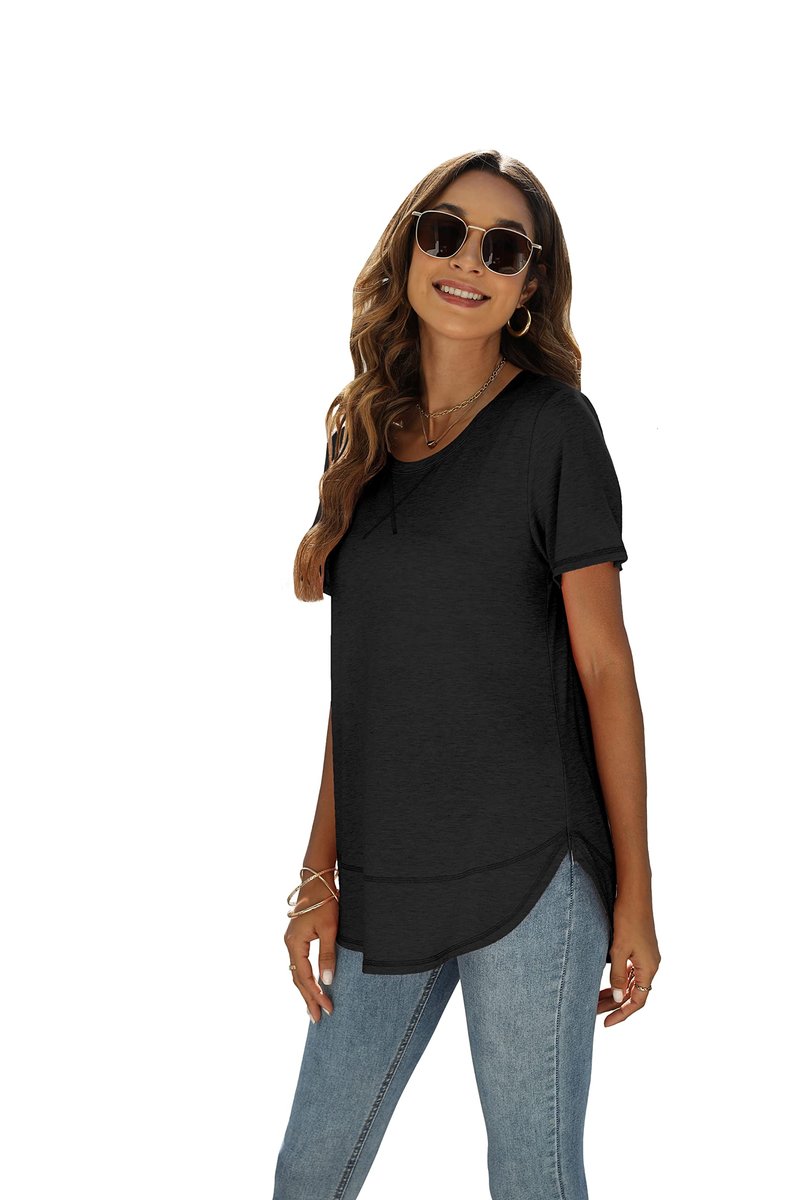 Summer Tops for Women Short Sleeve Fit Shirts Curved Hem Tunic Black L