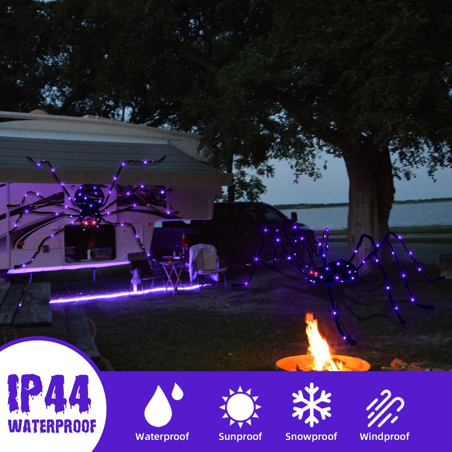 EAMBRITE Halloween Decorations Outdoor 5FT Bendable Scary Giant Spider with 83LT Purple Lights Black Fake Spider for Halloween Indoor Outdoor Yard Home Parties Creepy Décor