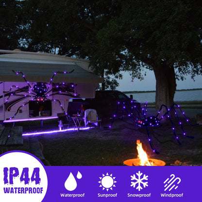 EAMBRITE Halloween Decorations Outdoor 5FT Bendable Scary Giant Spider with 83LT Purple Lights Black Fake Spider for Halloween Indoor Outdoor Yard Home Parties Creepy Décor