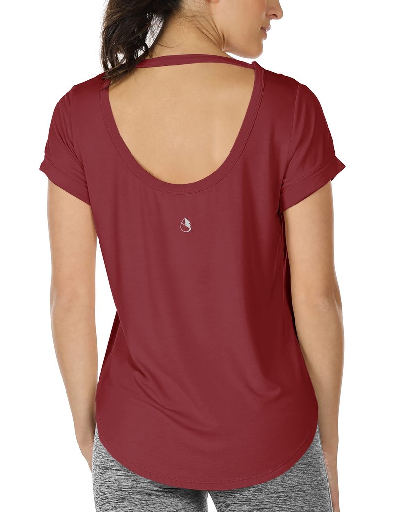 icyzone Open Back Yoga Shirts for Women - Exercise Workout Tops, Athletic Short Sleeves, Running T-Shirts Loose Fit (M, Wine)