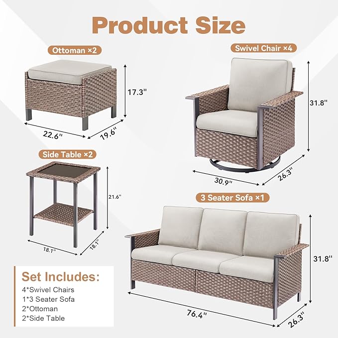 Outdoor Patio Furniture Set-9 Pieces All-Weather Wicker 3 Seater Sofa with Swivel Rocker Patio Chairs Set of 4, Wicker Outdoor Conversation Sets for Porch Deck Backyard Garden Brown/Beige